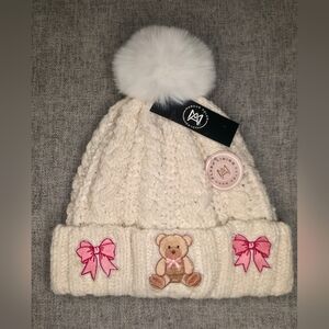 Cream Knit Hat with Pink Accents